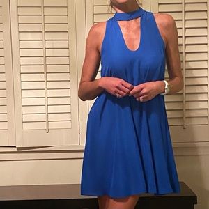 Amanda Uprichard blue mock turtleneck keyhole dress